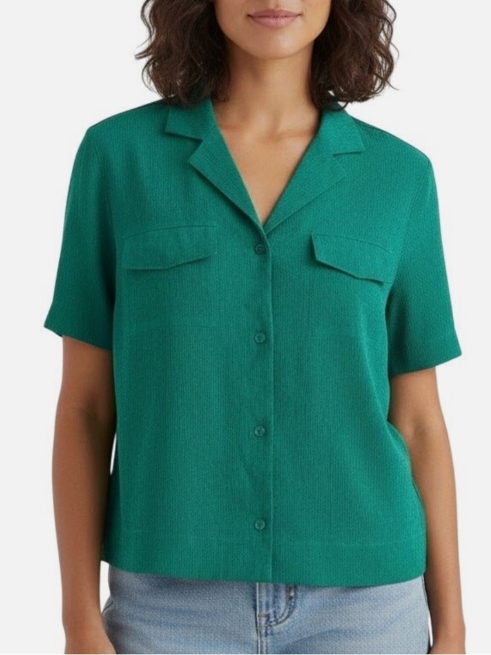 Athleta Green Short-Sleeve Button-Up Camp Collar Blouse